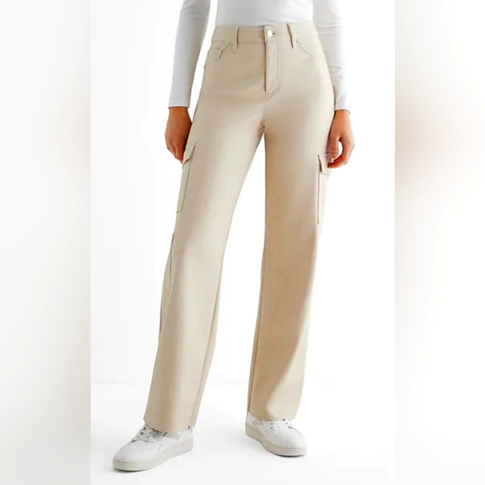 NWT Express Womens High Waisted Faux Leather Wide Leg Cargo Pants